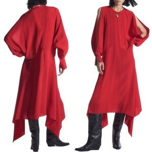 NEW COS Women’s Open Sleeve Silk-Blend Handkerchief Midi Dress size 6 Red